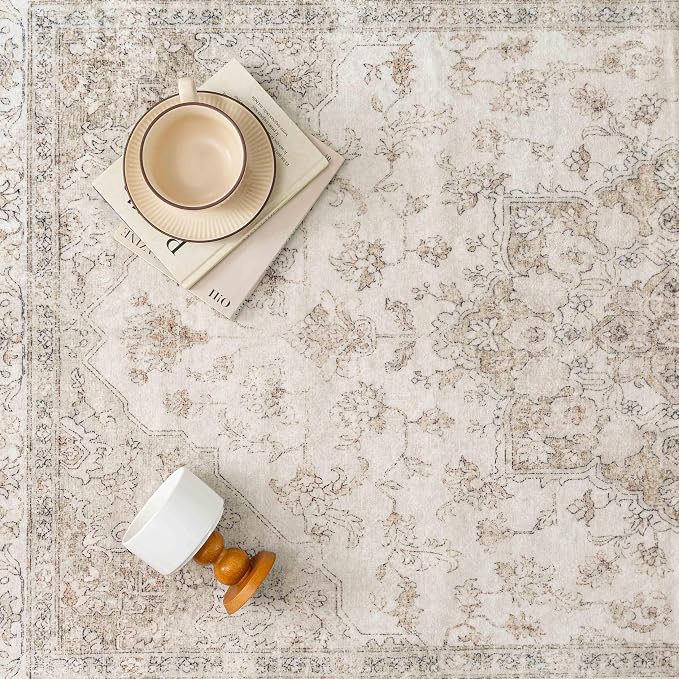 Beige Runner Rug 2'6"x14' Washable Vintage Carpet Hallway Kitchen Soft Retro - Image 6