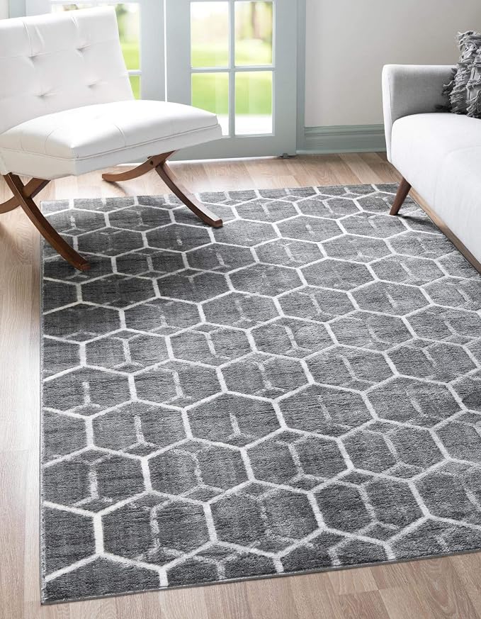 Rugs.com Lattice Trellis Collection Rug – 10' x 14' Gray Low-Pile Rug Perfect by Rugscom