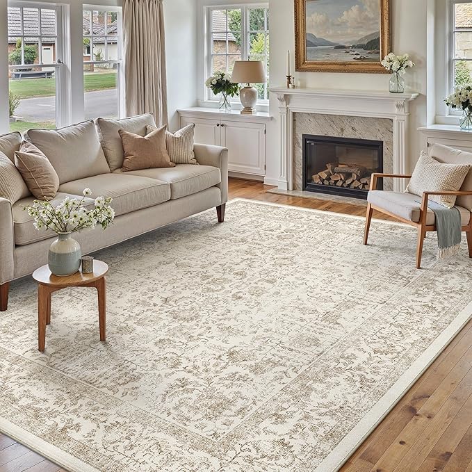 Light Brown Area Rug 8x10 Machine Washable Large Vintage Living Room Distressed - Image 5