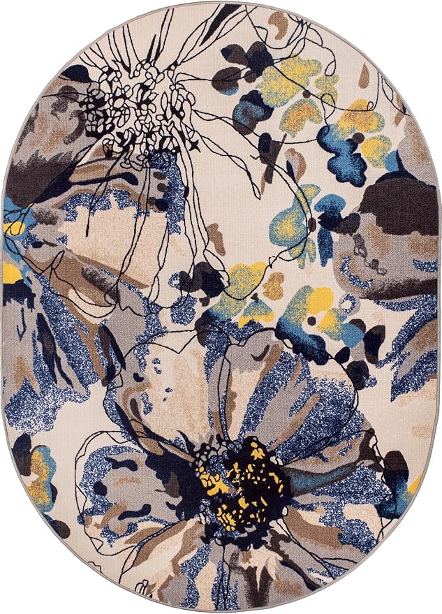 Rugshop Cream Bright Flowers Non Slip Non-Shedding Oval Area Rug - Image 2