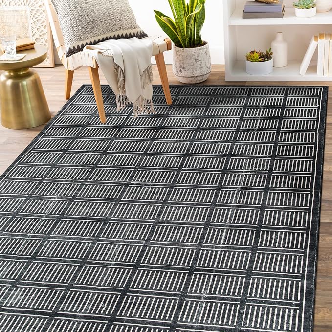 Rugshop Bohemian Stripe Lines Washable Non Slip Area Rug 3' x 5' Black - Image 9