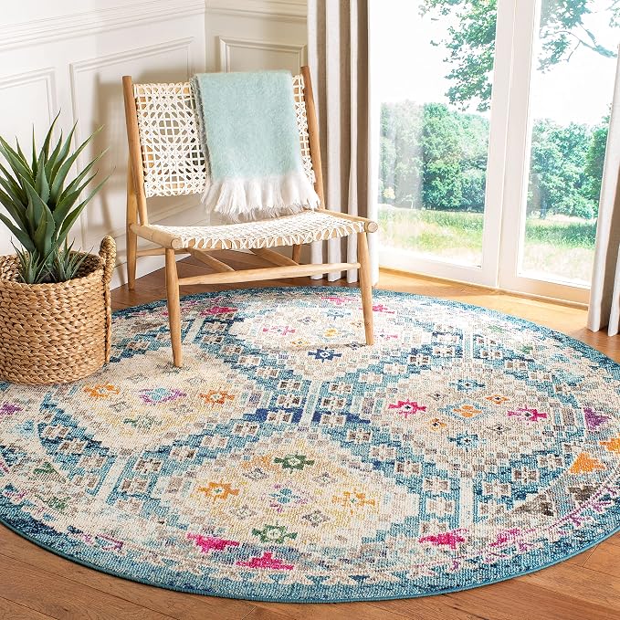 SAFAVIEH Madison Collection 5' Round Dark Blue / Yellow MAD418N Boho Diamond by SAFAVIEH