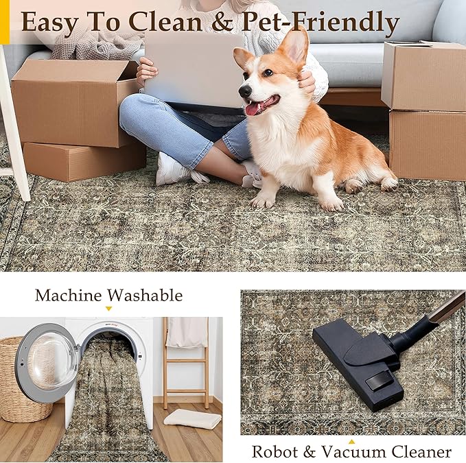 Vintage Area Rug 4x5 Brown Entryway Office Washable Carpet Non Slip Bedroom - Image 4