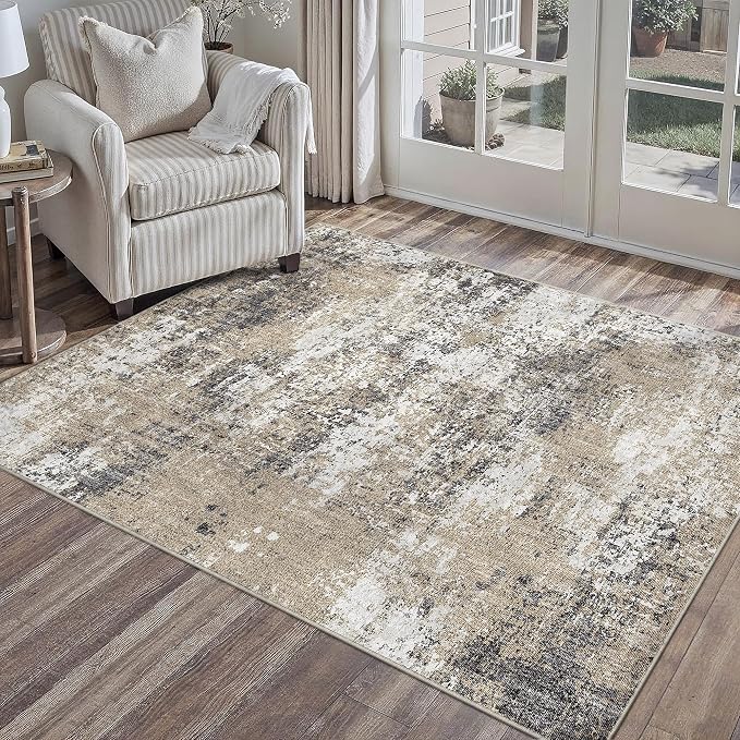 3x5 Abstract Area Rug Brown Washable Modern Neutral Office Carpet Non Slip by PureCozy