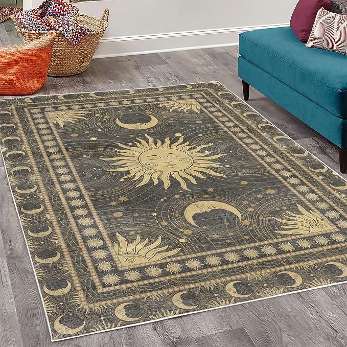 Ambesonne Sun and Moon Decorative Rug, Bohemian Art Design of Crescent Solar - Image 2