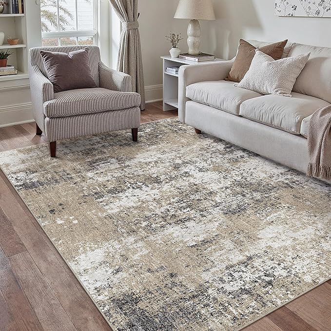 5x7 Abstract Area Rug Brown Washable Non Slip Living Room Carpet Modern Neutral - Image 5