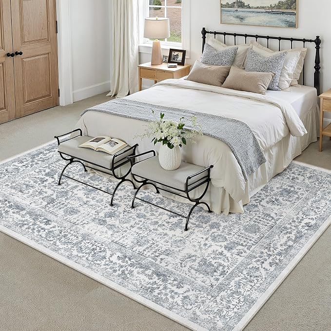 Navy Blue Area Rug 8x10 Machine Washable Large Vintage Living Room Distressed - Image 3