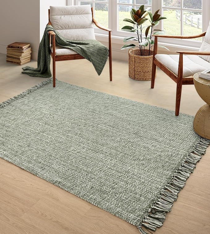 Collive Comfy Area Rug 4' x 6', Olive Green/Cream Woven Cotton Bedroom Rugs by Collive