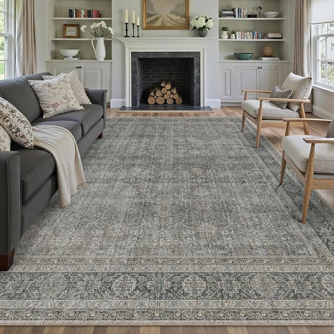 Vintage Area Rug 8x10 Grey Brown Washable Living Room Large Carpet Non Slip by PureCozy