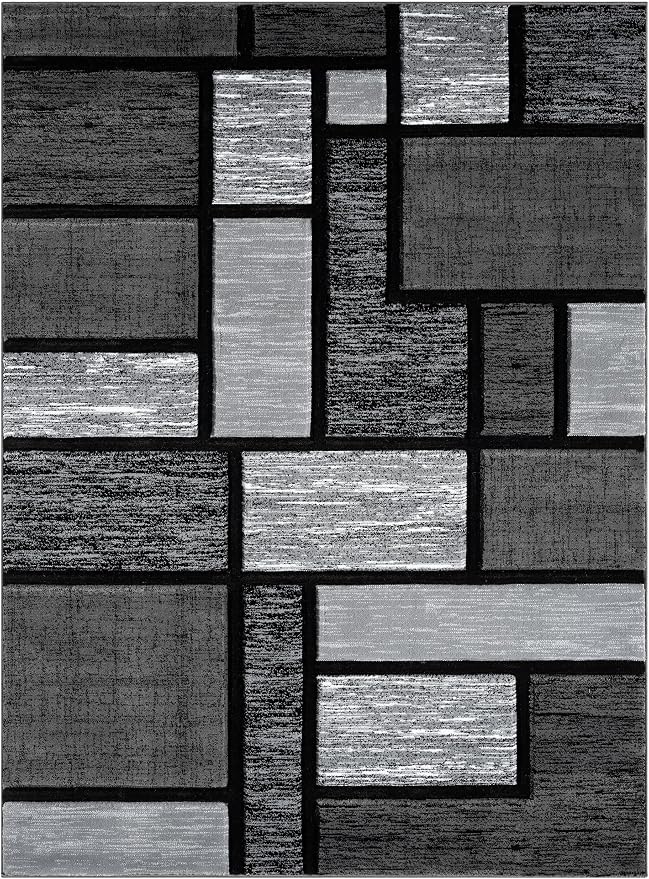 Area Rug Modern 2x7 Grey Black Squares Geometry Soft Hand Carved Contemporary - Image 2