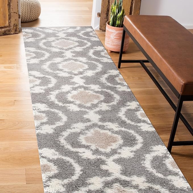 Rugshop Cozy Moroccan Trellis Indoor Shag Runner Rug 2' x 10' Gray/Cream by Rugshop