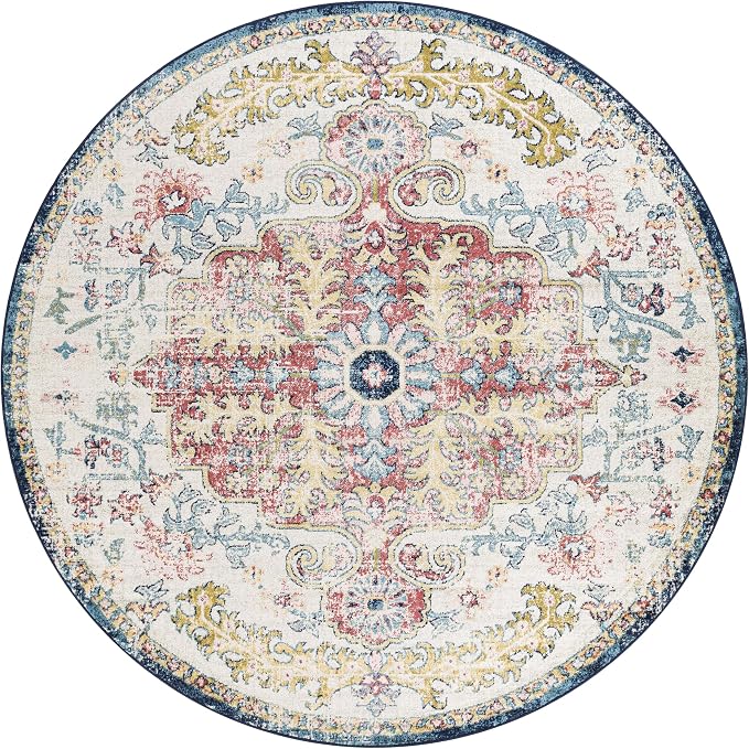Livabliss Area Rugs - 5ft Round Odelia Vintage Boho Aqua Burgandy Blue Round - Image 4