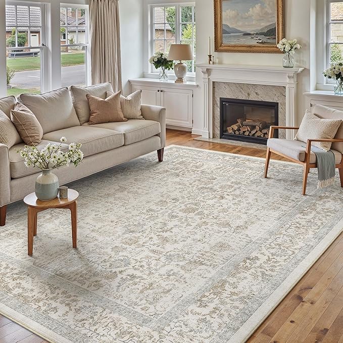 Taupe Area Rug 6x9 Machine Washable Vintage Living Room Distressed Non Slip by PureCozy