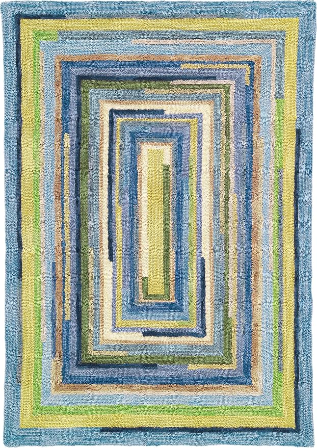 Company C Concentric Squares Area Rug Wool 4' X 6', Sky Striped by CompanyC