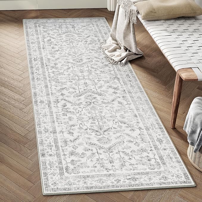 Grey 2x5 Runner Rug Vintage Area Carpet Hallway Indoor Kitchen Washable Low by PureCozy