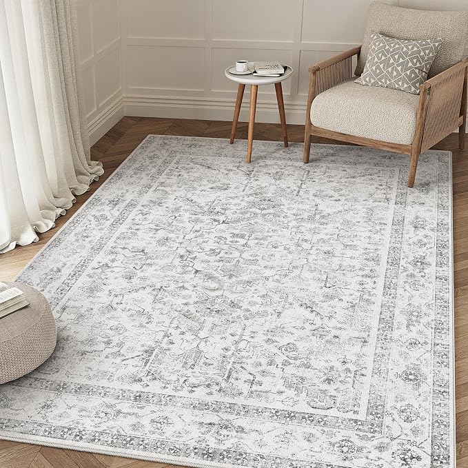 Grey 4x5 Entryway Rug Vintage Area Carpet Indoor Kitchen Washable Neutral Door by PureCozy