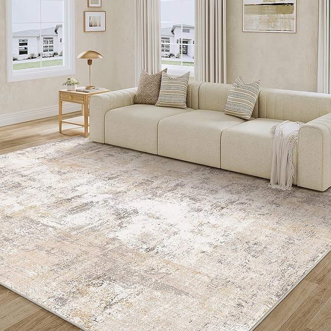 6x9 Washable Area Rug Beige Grey Abstract Living Room Bedroom Throw Rug Neutral by WondRg
