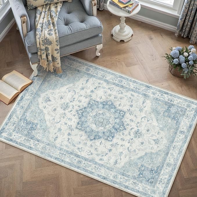 Blue Area Rug 3x5 Washable Vintage Carpet - Image 5
