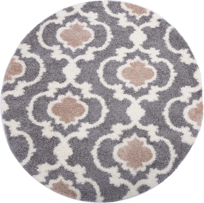 Rugshop Cozy Moroccan Trellis Indoor Shag Round Area Rug 6'6" Gray/Cream - Image 3