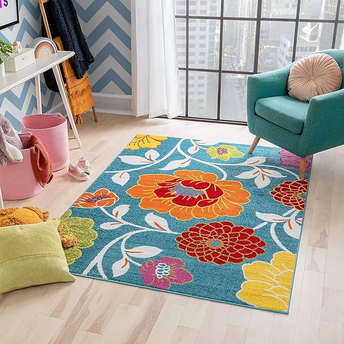 Well Woven Modern Rug Daisy Flowers Blue 3'3" x 5' Floral Accent Area Rug by WellWovenRugs