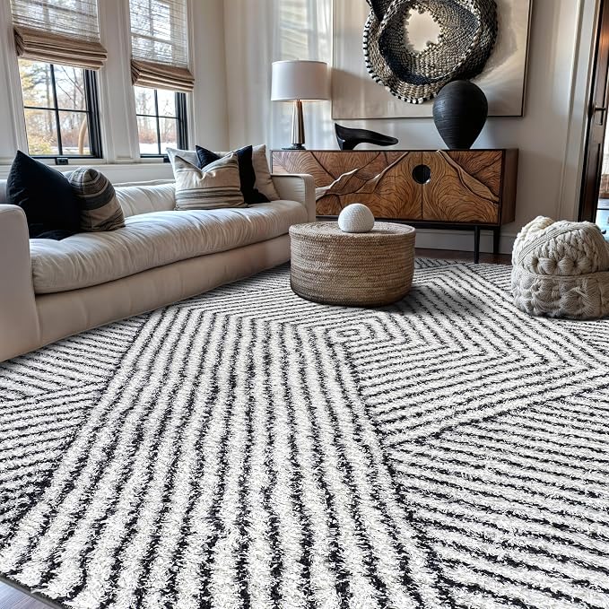 Rugshop Geometric Diamond Stripe Shag Area Rug White 7' 10" x 10' Perfect by Rugshop