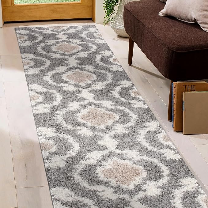 Rugshop Cozy Moroccan Trellis Indoor Shag Runner Rug 2' x 10' Gray/Cream - Image 6