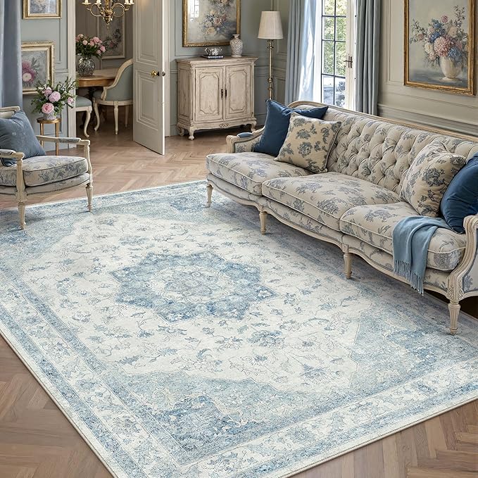 Blue Area Rug 6x9 Washable Vintage Carpet - Image 5