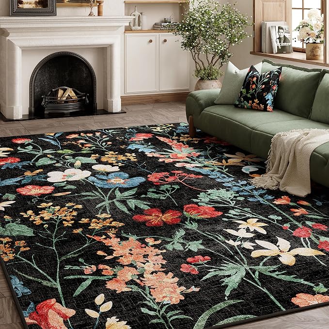 Black Area Rug 3x5 Office Floral Boho Door Mat Indoor Washable Kitchen Carpet - Image 6
