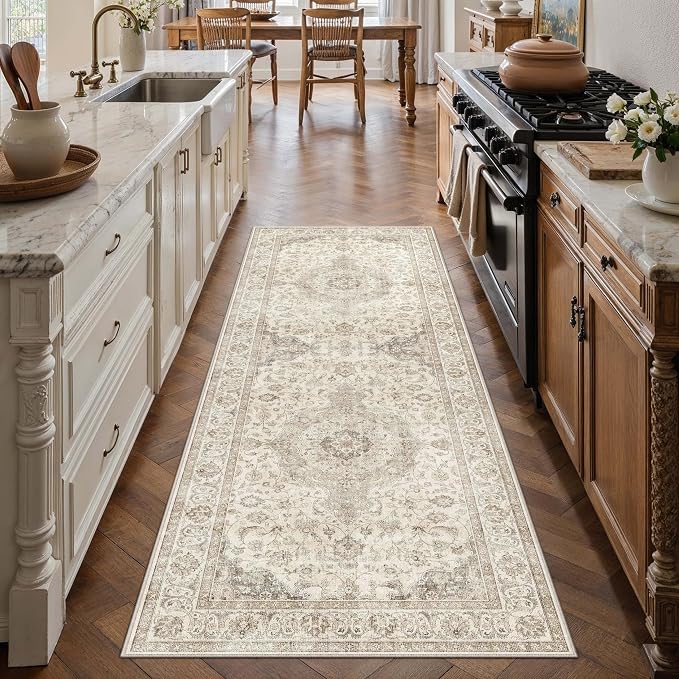 HUGEAR 2x6 Runner Rug Hallway Vintage Brown Machine Washable Neutral Floral Low by HUGEAR