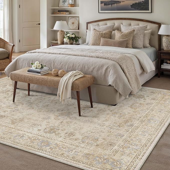HUGEAR 6x9 Area Rug Beige Vintage Machine Washable Living Room Retro Rugs - Image 4
