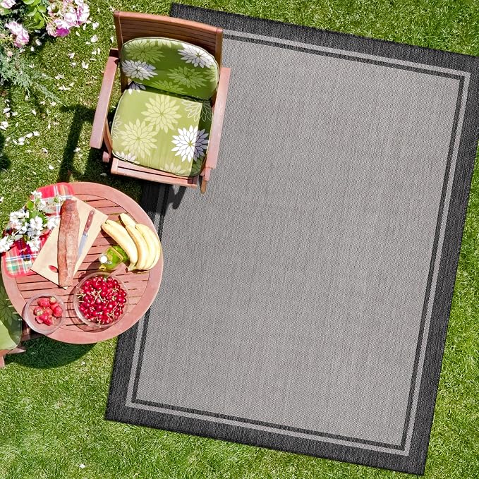 CAMILSON Indoor Outdoor Rug, 6x9 Bordered Gray Modern Area Rugs - Image 4