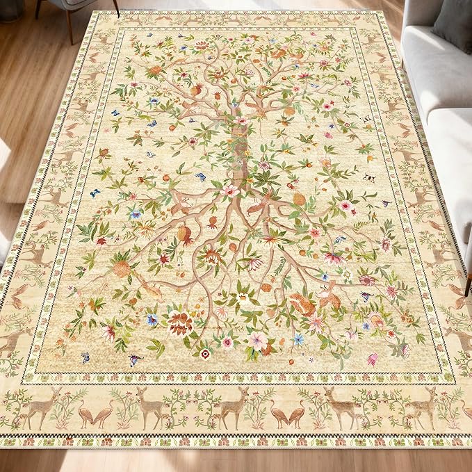 5x7 Area Rugs for Living Room, Machine Washable Non-Slip Carpet, Boho Floral by TANVILL