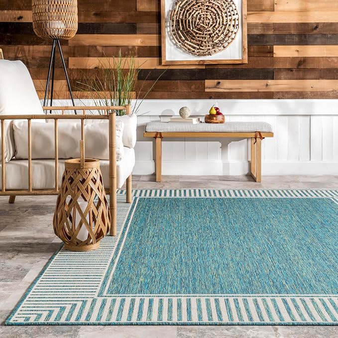 Nuloom Asha Teal/Ivory, Striped Border, Soft and Cozy, High Traffic, Stain - Image 5