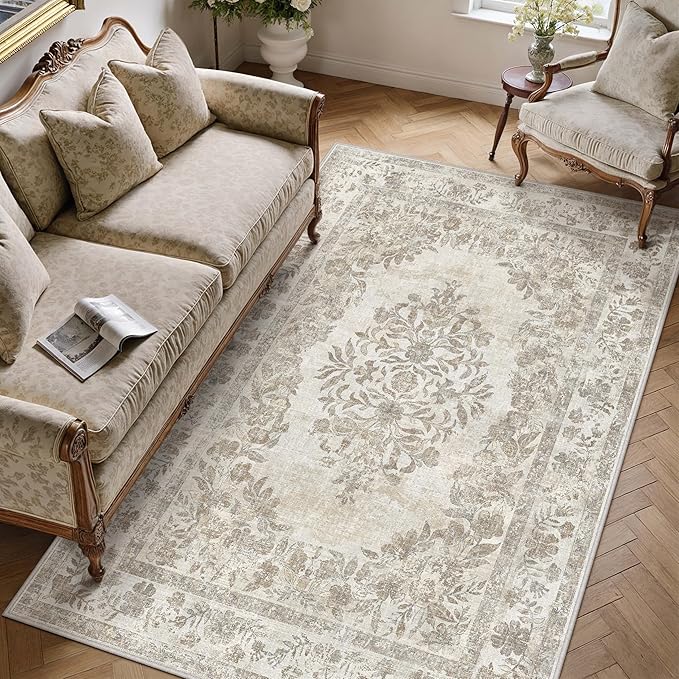 4x5 Area Rug Beige Washable Office Vintage Distressed Carpet Bedroom Indoor by PureCozy
