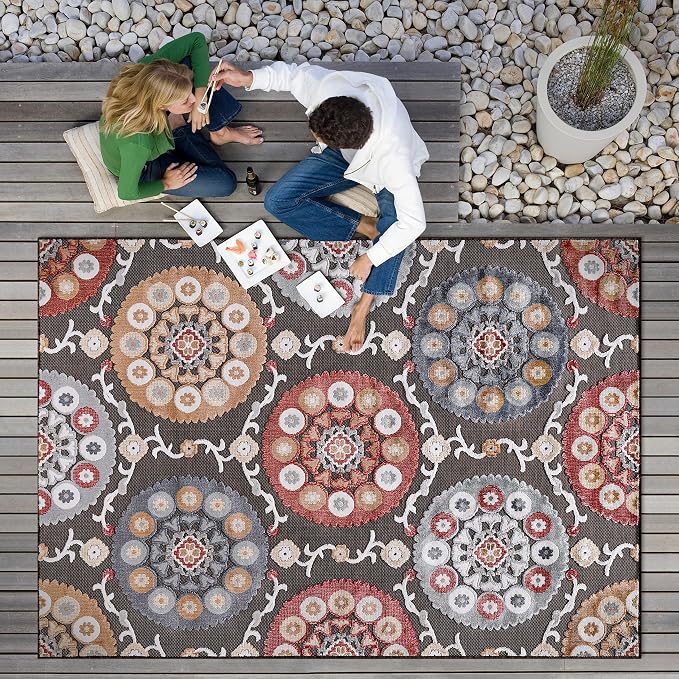 CAMILSON Indoor Outdoor Rug 10x14 Bohemian Medallion Floral Area Rugs - Image 3