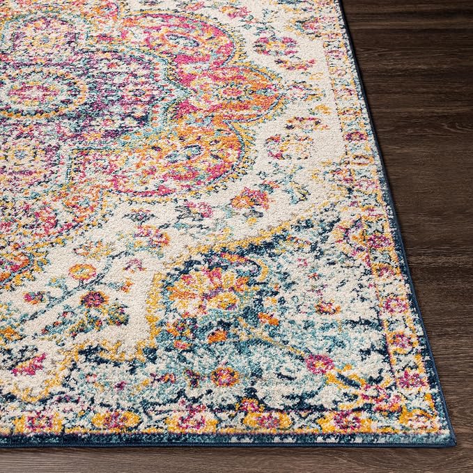 Livabliss Area Rugs - 8ft Round Romaine Vintage Boho Fuchsia Mustard Blue Round - Image 4