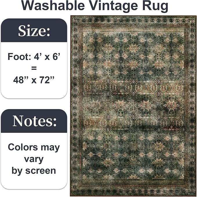 4x6 Area Rug for Bedroom Machine Washable, Non Slip Vintage Floral Kitchen Rugs - Image 2