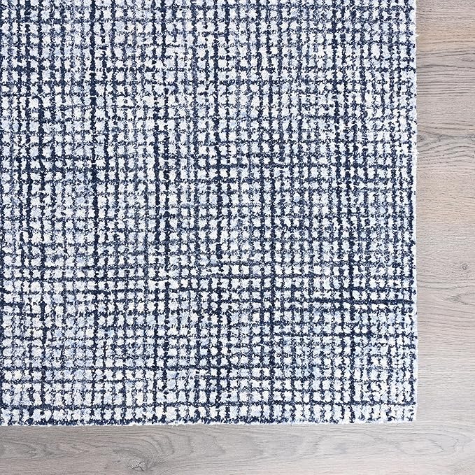 Hand-Tufted 100% Wool Pile Area Rug – Geometric Textured Grid Check Pattern – - Image 3