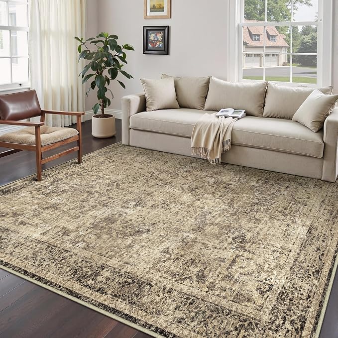 5x7 Area Rug Washable Vintage Neutral Living Room Carpet Large Indoor Non Slip by PureCozy