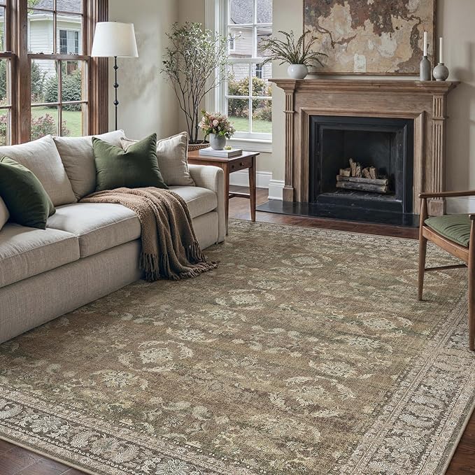 8x10 Brown Area Rug for Living Room Washable Vintage Distressed Carpet Large by PureCozy