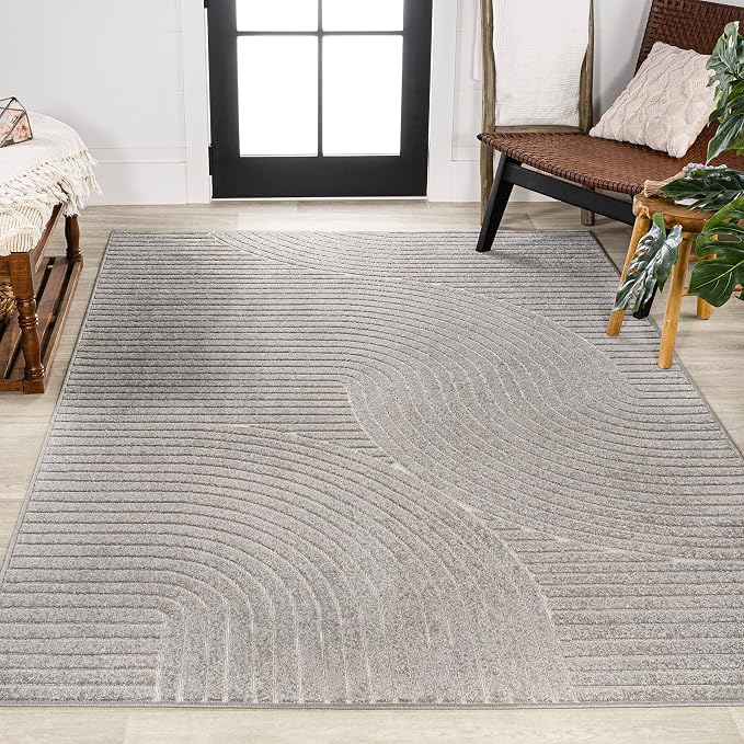 JONATHAN Y Hallie High-Low Curve Gray/Ivory Indoor/Outdoor Area Rug, Minimalist - Image 3