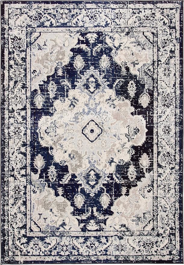 SAFAVIEH Monaco Collection 6'7" x 9'2" IvoryNavy MNC243C Boho Chic Medallion - Image 3