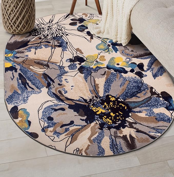 Rugshop Cream Bright Flowers Non Slip Non-Shedding Oval Area Rug - Image 9