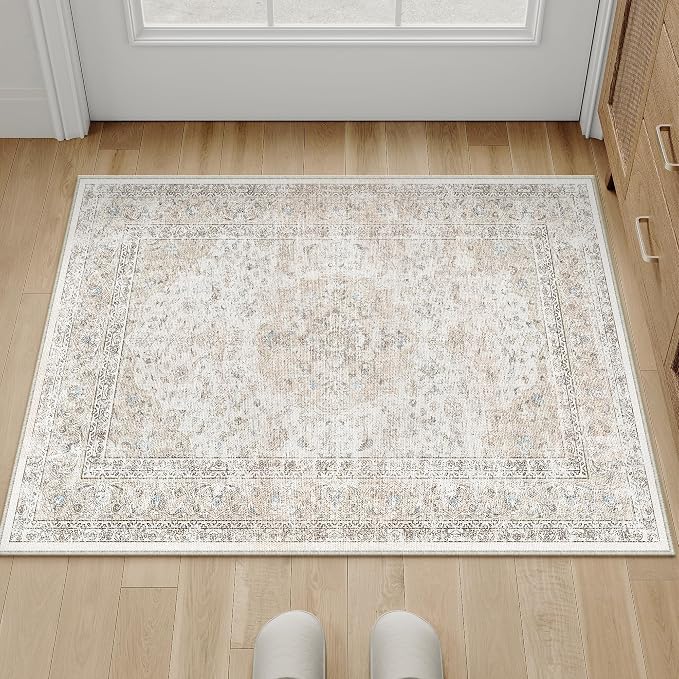 2x3 Washable Vintage Area Rug for Living Room Bedroom Beige Grey Soft - Image 3