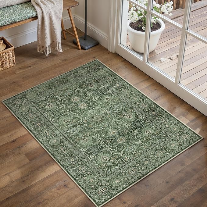Green Area Rug 2x3 Entryway Washable Soft Carpet Vintage Non Slip Indoor - Image 5