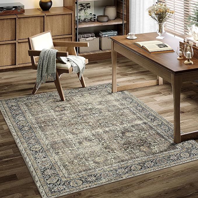 Vintage Area Rug 4x5 Brown Entryway Office Washable Carpet Non Slip Bedroom by PureCozy
