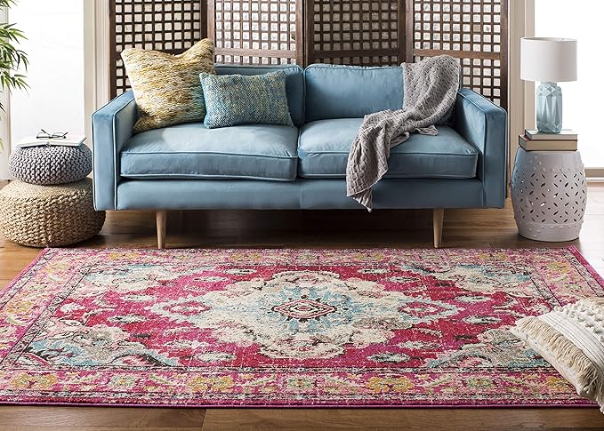SAFAVIEH Monaco Collection 8' Round PinkMulti MNC243D Boho Chic Medallion - Image 3