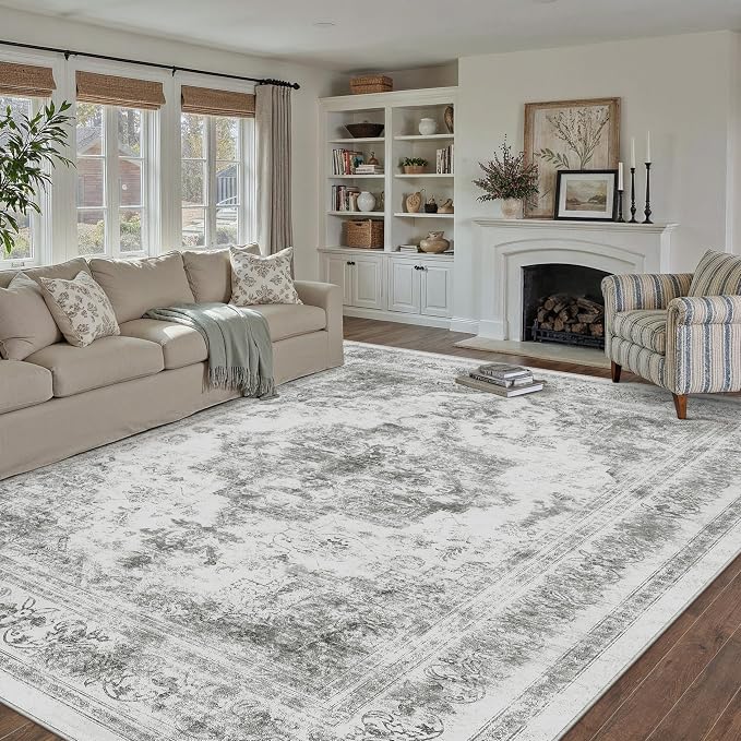 Washable Rug 9x12 Area Rug for Living Room Gray Vintage Boho Medallion Large by PureCozy
