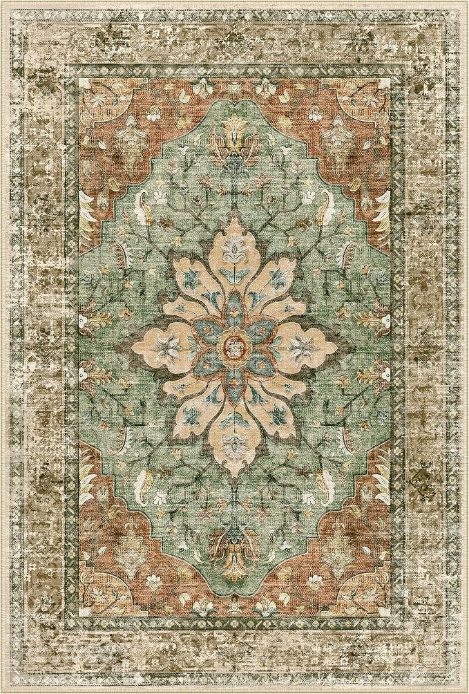 Area Rugs 3'x12' Washable Non-Slip, Floral Vintage Distress Print Pattern by RELEANY