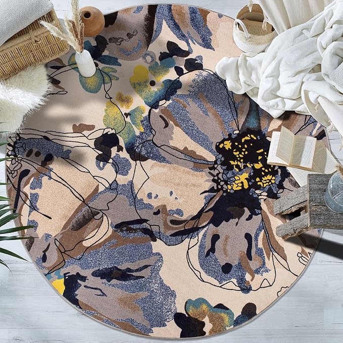 Rugshop Cream Bright Flowers Non Slip Non-Shedding Round Area Rug - Image 8
